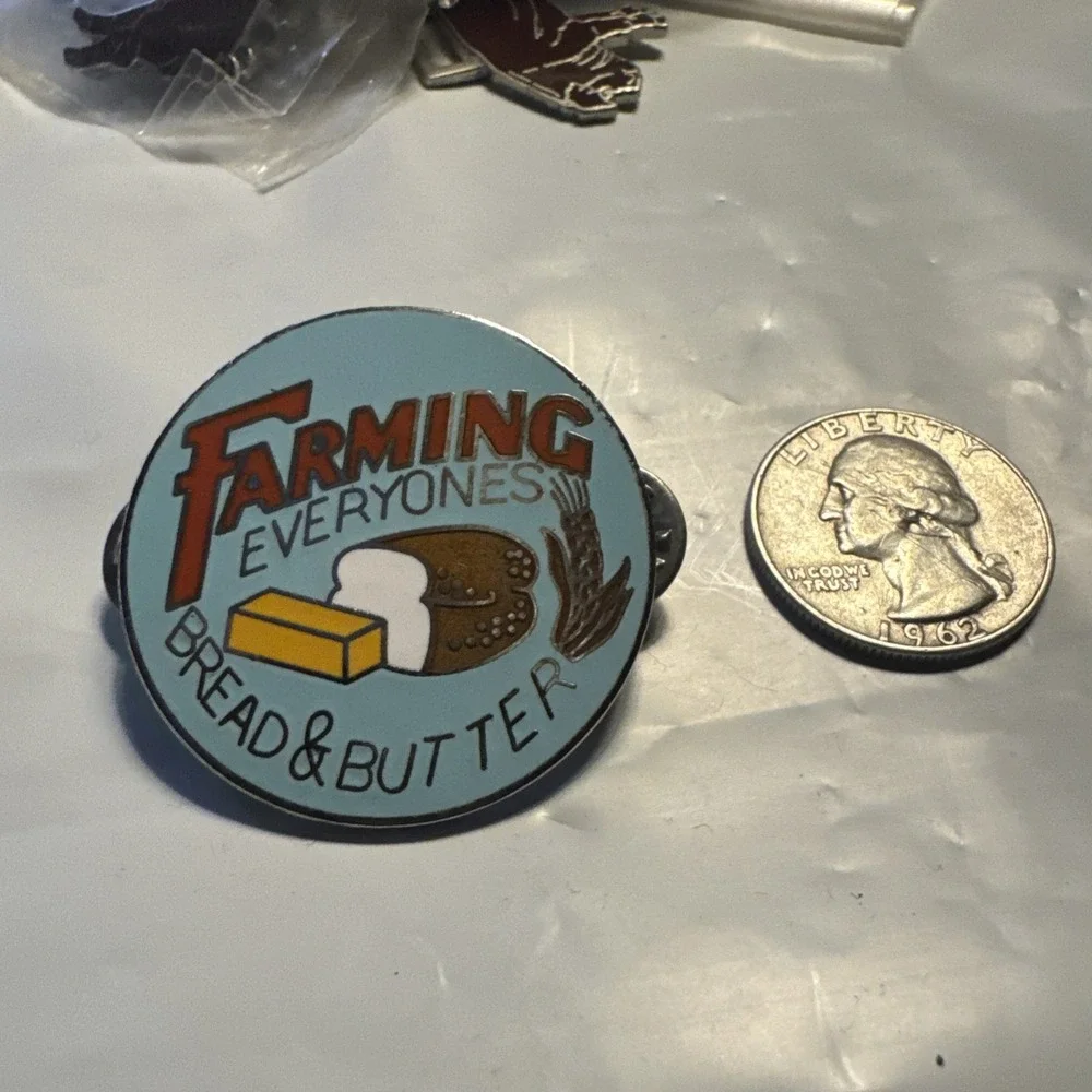 Vintage Farming Everyones Bread & Butter Hat Coat Vest Lapel Pin Farm Farmer